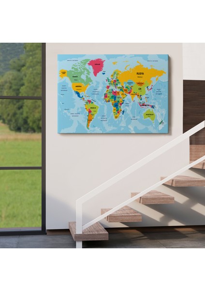 Türkçe Dünya Haritası Ülke Başkentli ve Okyanuslu Dekoratif Kanvas Tablo 2242 indirimleri
