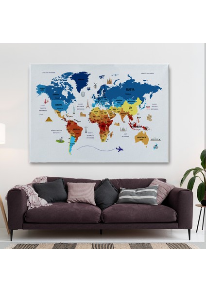 Türkçe Dünya Haritası Kanvas Tablo Ülke-Başkentli Öğretici ve Sembollü 2266 fiyatları