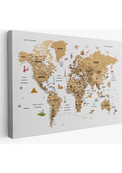 Türkçe Dünya Haritası Son Derece Ayrıntılı Eğitici ve Sembollü Kanvas Tablo 3220