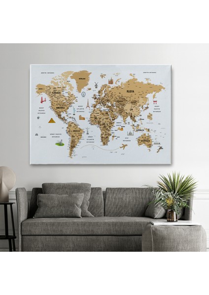 Türkçe Dünya Haritası Son Derece Ayrıntılı Eğitici ve Sembollü Kanvas Tablo 3220 fiyatları