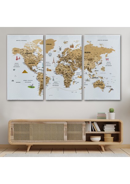 Türkçe Dünya Haritası Son Derece Ayrıntılı Eğitici ve Sembollü Kanvas Tablo 3220 modelleri