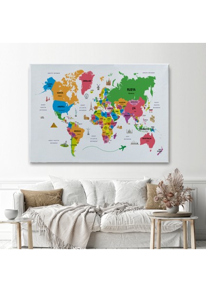 Türkçe Dünya Haritası Kanvas Tablo Ülke-Başkentli Öğretici ve Sembollü 2272 fiyatları