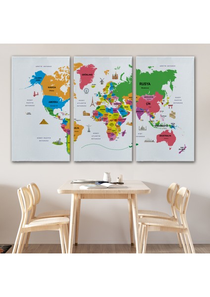 Türkçe Dünya Haritası Kanvas Tablo Ülke-Başkentli Öğretici ve Sembollü 2272 modelleri