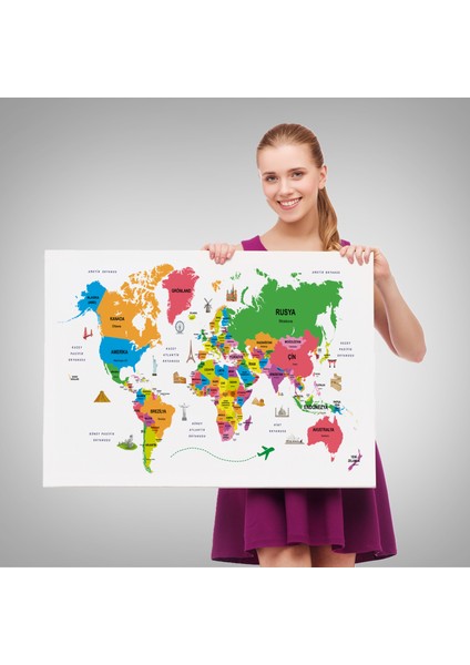 Türkçe Dünya Haritası Kanvas Tablo Ülke-Başkentli Öğretici ve Sembollü 2272 fırsatları