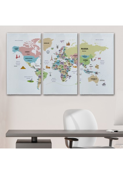 Dünya Haritası Dekoratif Kanvas Tablo Ülke ve Başkentli Öğretici ve Sembollü 2307 modelleri