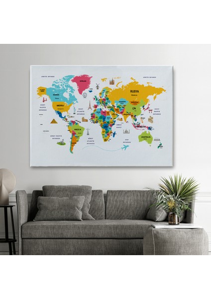 Türkçe Dünya Haritası Dekoratif Kanvas Tablo Ülke-Başkentli Öğretici ve Sembollü 2316 fiyatları