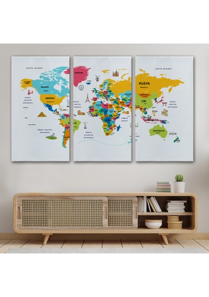 Türkçe Dünya Haritası Dekoratif Kanvas Tablo Ülke-Başkentli Öğretici ve Sembollü 2316 modelleri
