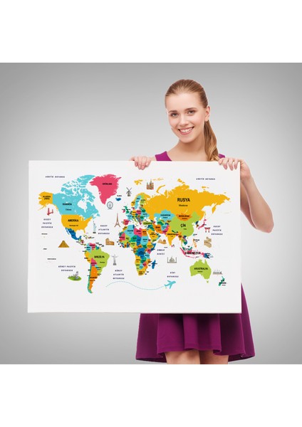 Türkçe Dünya Haritası Dekoratif Kanvas Tablo Ülke-Başkentli Öğretici ve Sembollü 2316 fırsatları