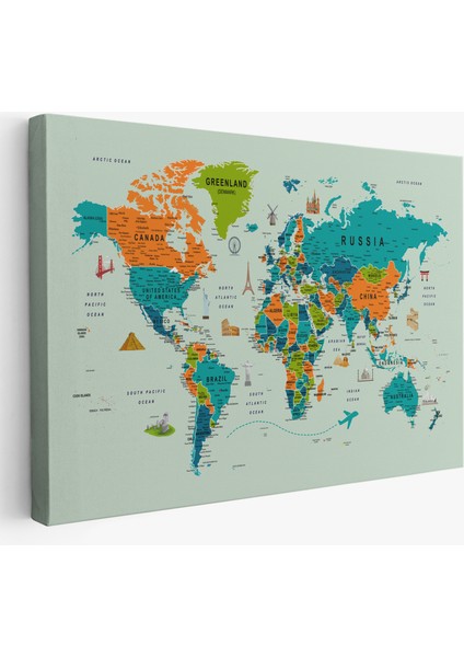 Dünya Haritası Çok Detaylı Ünlü Yerler Sembollü Kanvas Tablo 1750