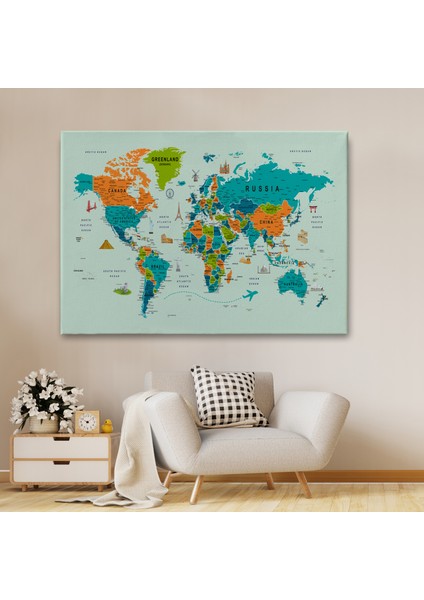 Dünya Haritası Çok Detaylı Ünlü Yerler Sembollü Kanvas Tablo 1750 fiyatları