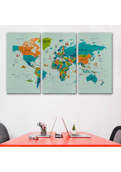 Dünya Haritası Çok Detaylı Ünlü Yerler Sembollü Kanvas Tablo 1750 modelleri