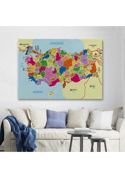 Türkiye Haritası Kanvas Tablo Il ve Ilçeli Ayrıntılı Eğitici Komşulu Tablo 3008 fiyatları