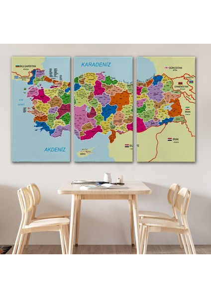 Türkiye Haritası Kanvas Tablo Il ve Ilçeli Ayrıntılı Eğitici Komşulu Tablo 3008 modelleri