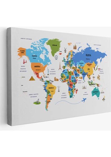 Türkçe Dünya Haritası Dekoratif Kanvas Tablo Ülke-Başkentli Öğretici ve Sembollü 2334