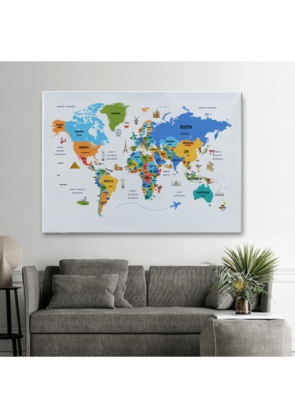 Türkçe Dünya Haritası Dekoratif Kanvas Tablo Ülke-Başkentli Öğretici ve Sembollü 2334 fiyatları