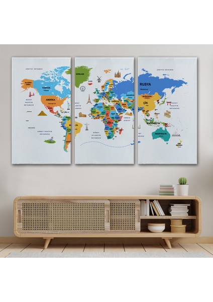 Türkçe Dünya Haritası Dekoratif Kanvas Tablo Ülke-Başkentli Öğretici ve Sembollü 2334 modelleri