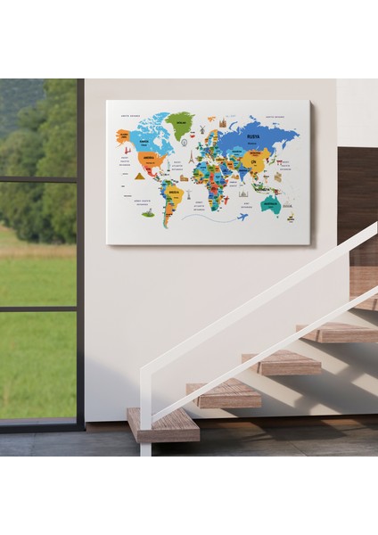 Türkçe Dünya Haritası Dekoratif Kanvas Tablo Ülke-Başkentli Öğretici ve Sembollü 2334 indirimleri