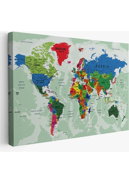 Dünya Haritası Son Derece Ayrıntılı Eğitici Okyanuslu Dekoratif Kanvas Tablo 2553
