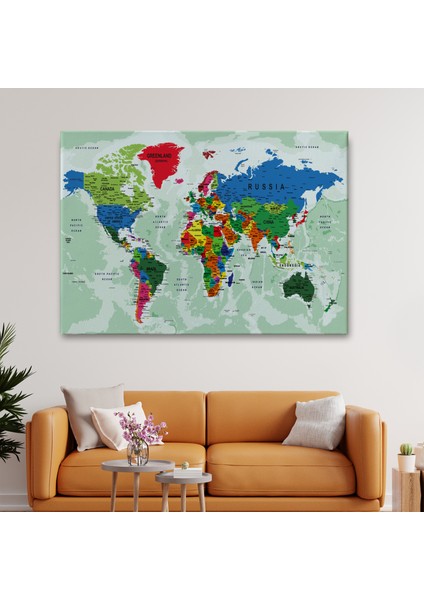 Dünya Haritası Son Derece Ayrıntılı Eğitici Okyanuslu Dekoratif Kanvas Tablo 2553 fiyatları