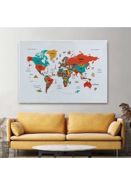 Türkçe Dünya Haritası Kanvas Tablo Ülke-Başkentli Öğretici ve Sembollü 2290 fiyatları