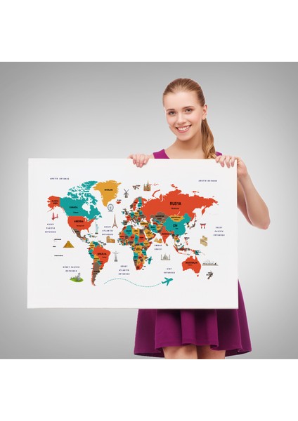 Türkçe Dünya Haritası Kanvas Tablo Ülke-Başkentli Öğretici ve Sembollü 2290 fırsatları