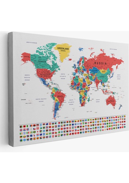 Dünya Haritası Son Derece Ayrıntılı Eğitici ve Bayraklı Kanvas Tablo 2794
