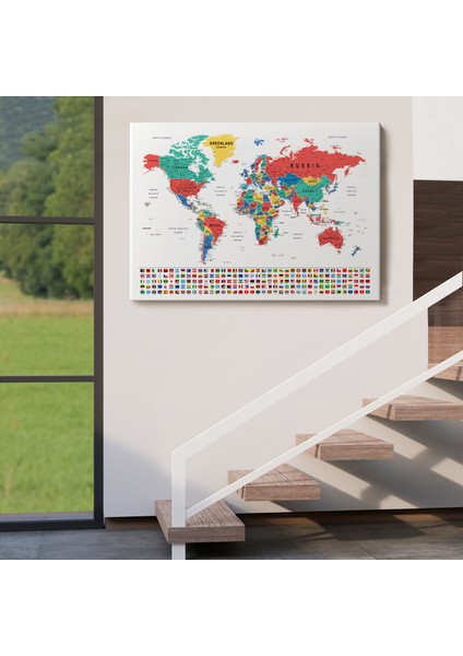 Dünya Haritası Son Derece Ayrıntılı Eğitici ve Bayraklı Kanvas Tablo 2794 indirimleri