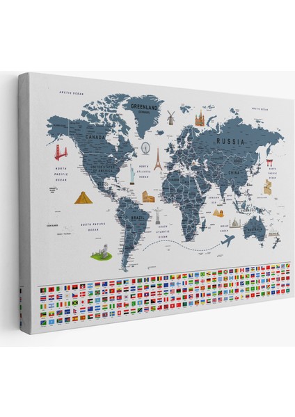 Dünya Haritası Ayrıntılı Eğitici Sembollü Bayraklı Dekoratif Kanvas Tablo 2841
