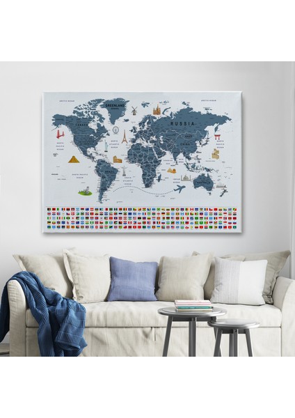 Dünya Haritası Ayrıntılı Eğitici Sembollü Bayraklı Dekoratif Kanvas Tablo 2841 fiyatları