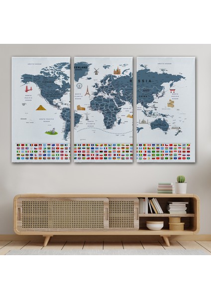 Dünya Haritası Ayrıntılı Eğitici Sembollü Bayraklı Dekoratif Kanvas Tablo 2841 modelleri