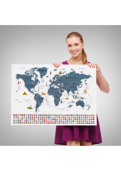 Dünya Haritası Ayrıntılı Eğitici Sembollü Bayraklı Dekoratif Kanvas Tablo 2841 fırsatları