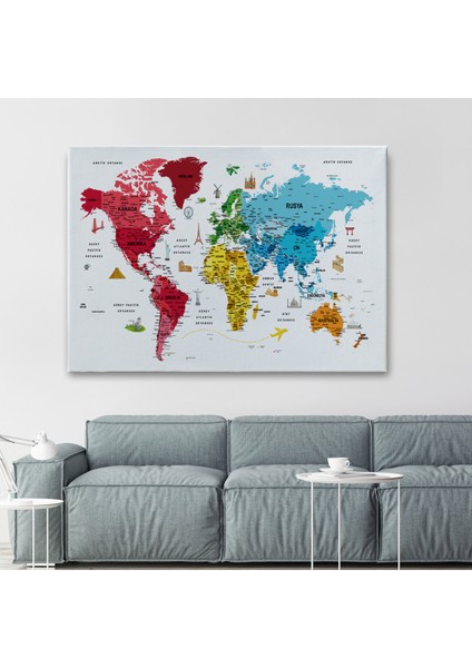 Türkçe Dünya Haritası Son Derece Ayrıntılı Eğitici ve Sembollü Kanvas Tablo 3224 fiyatları