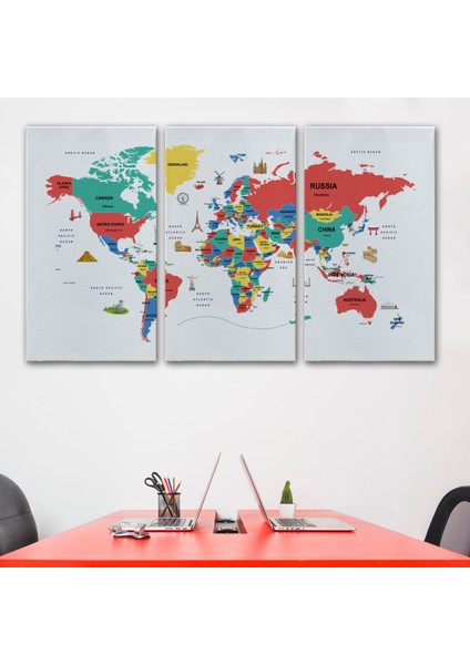 Dünya Haritası Dekoratif Kanvas Tablo Ülke ve Başkentli Öğretici ve Sembollü 2315 modelleri