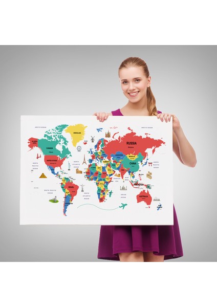 Dünya Haritası Dekoratif Kanvas Tablo Ülke ve Başkentli Öğretici ve Sembollü 2315 fırsatları