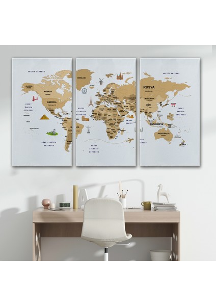Türkçe Dünya Haritası Dekoratif Kanvas Tablo Ülke-Başkentli Öğretici ve Sembollü 2322 modelleri