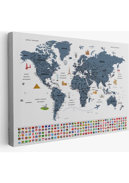 Türkçe Dünya Haritası Ayrıntılı Eğitici Sembollü Bayraklı Dekoratif Kanvas Tablo 2842