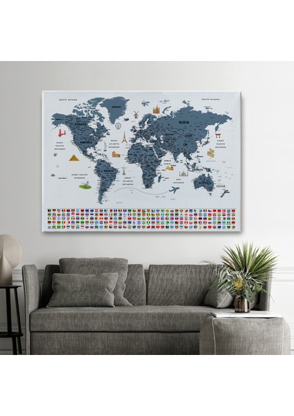 Türkçe Dünya Haritası Ayrıntılı Eğitici Sembollü Bayraklı Dekoratif Kanvas Tablo 2842 fiyatları