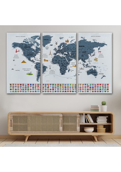 Türkçe Dünya Haritası Ayrıntılı Eğitici Sembollü Bayraklı Dekoratif Kanvas Tablo 2842 modelleri