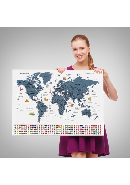 Türkçe Dünya Haritası Ayrıntılı Eğitici Sembollü Bayraklı Dekoratif Kanvas Tablo 2842 fırsatları