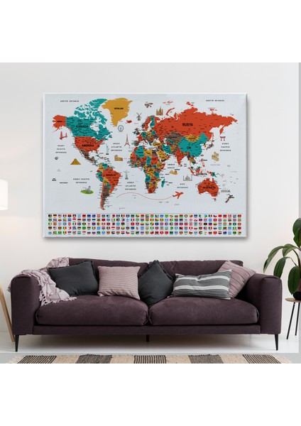 Türkçe Dünya Haritası Ayrıntılı Eğitici Sembollü Bayraklı Dekoratif Kanvas Tablo 2844 fiyatları