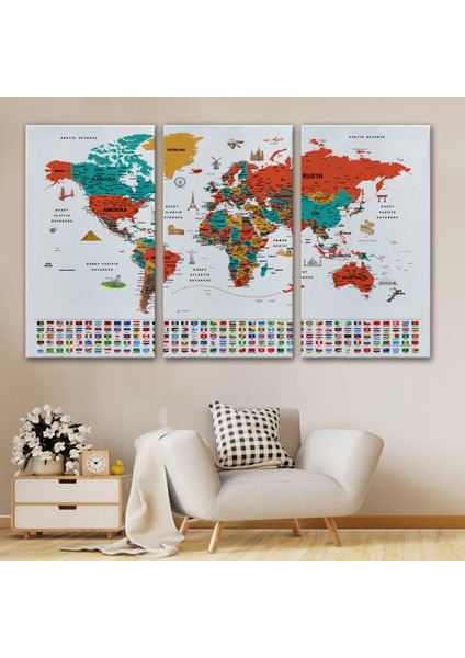 Türkçe Dünya Haritası Ayrıntılı Eğitici Sembollü Bayraklı Dekoratif Kanvas Tablo 2844 modelleri