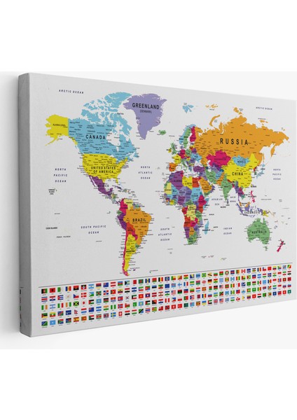 Dünya Haritası Son Derece Ayrıntılı Eğitici-Öğretici ve Bayraklı Dekoratif TABLO-3250