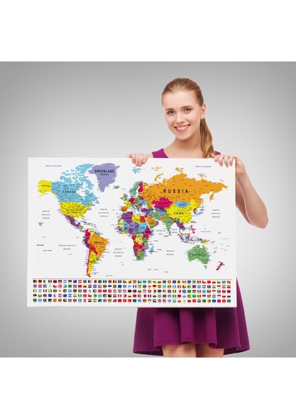 Dünya Haritası Son Derece Ayrıntılı Eğitici-Öğretici ve Bayraklı Dekoratif TABLO-3250 fırsatları
