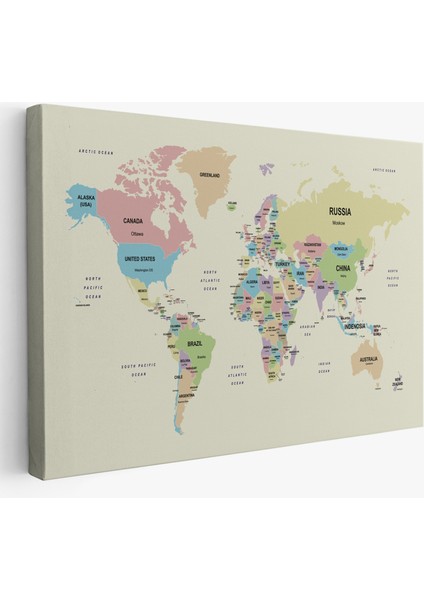 Dünya Haritası Kanvas Tablo Ülke Başkent Detaylı ve Dekoratif 2603