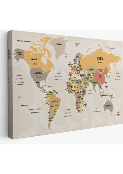 Türkçe Dünya Haritası Kanvas Tablo Ülke Başkentli ve Okyanus Detaylı Tablo 2744