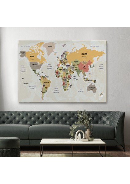 Türkçe Dünya Haritası Kanvas Tablo Ülke Başkentli ve Okyanus Detaylı Tablo 2744 fiyatları