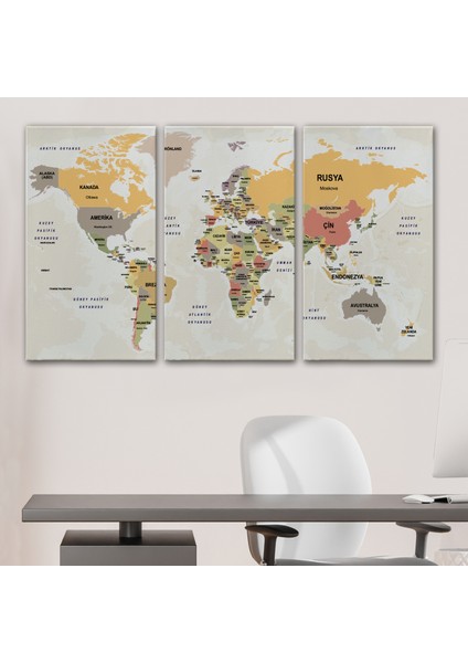 Türkçe Dünya Haritası Kanvas Tablo Ülke Başkentli ve Okyanus Detaylı Tablo 2744 modelleri