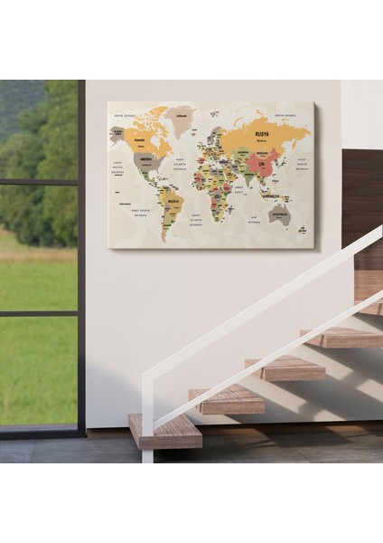 Türkçe Dünya Haritası Kanvas Tablo Ülke Başkentli ve Okyanus Detaylı Tablo 2744 indirimleri
