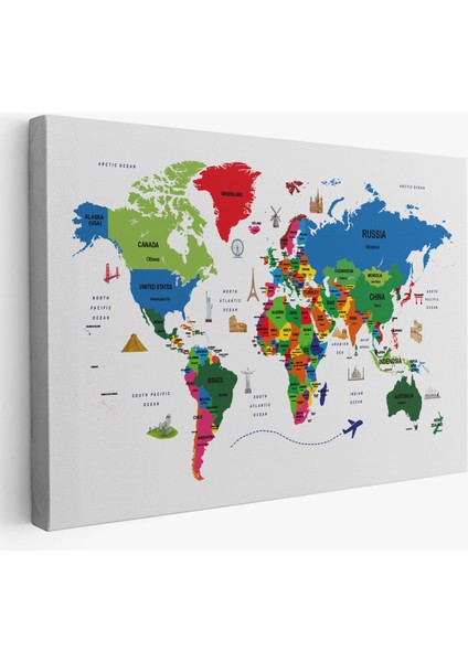 Dünya Haritası Dekoratif Kanvas Tablo Ülke ve Başkentli Öğretici ve Sembollü 2331