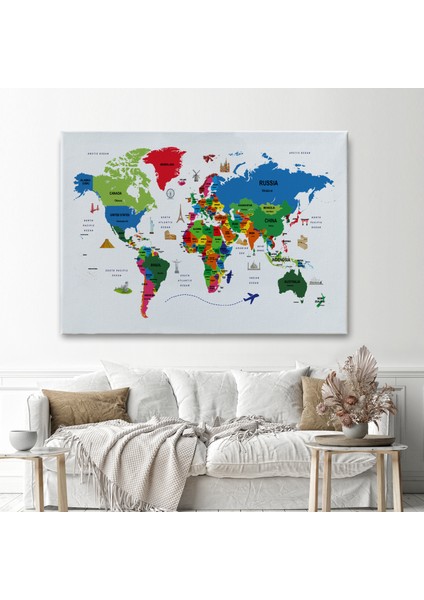 Dünya Haritası Dekoratif Kanvas Tablo Ülke ve Başkentli Öğretici ve Sembollü 2331 fiyatları
